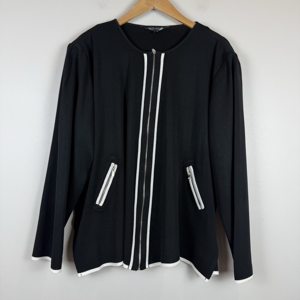 Ming Wang Jacket Womens 1X Black White Zipper Contemporary Classic Quiet‎ Luxury
